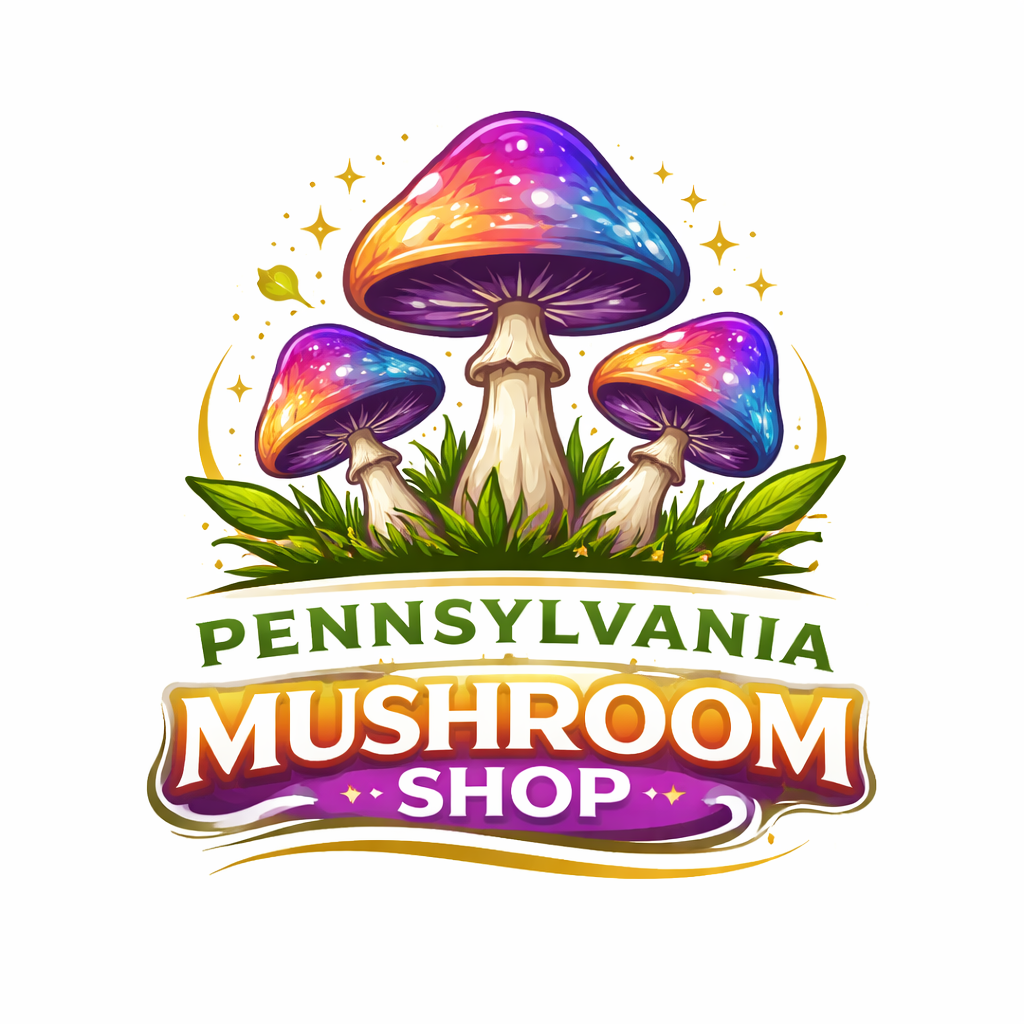 Pennsylvania Mushroom Shop logo with colorful rainbow mushrooms, green foliage, gold stars, and purple banner text.